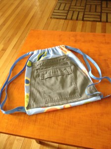 Ezra's knapsack...upcycled cargo pants pocket on some fabric he chose
